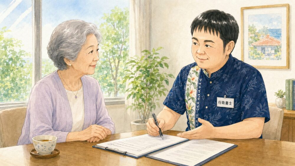 書類を前に、お墓や納骨の希望をどう残しておくかについて行政書士に相談するひとり暮らしの女性を描いたイラスト