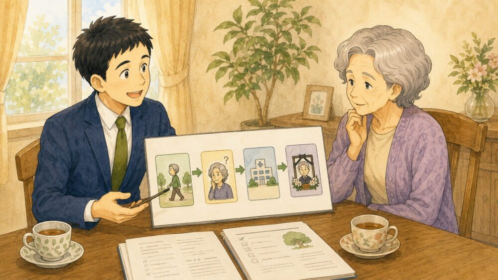 おひとりさまの生前・死後の備えを、行政書士が時系列の図でやさしく整理する場面