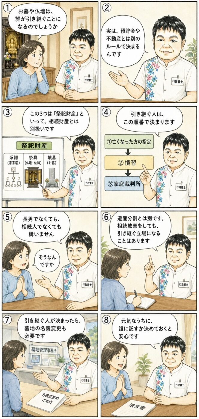親が亡くなった女性が、お墓や仏壇などの祭祀財産を引き継ぐ人の決まり方、相続人でなくてもよいこと、墓地の名義変更の必要性について行政書士から説明を受けている様子を描いたイラスト