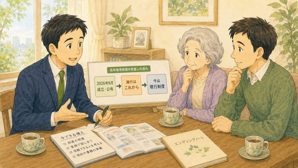 成年後見制度の改正が成立公布から施行前である流れと、今できる備えを、行政書士が親子に説明するイラスト
