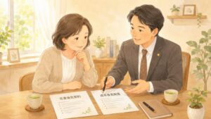 親の将来を心配する女性が行政書士と任意後見の書類を見ながら相談するイラスト