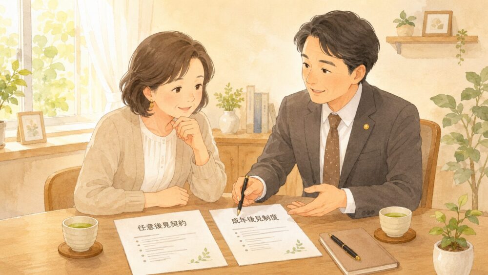 親の将来を心配する女性が行政書士と任意後見の書類を見ながら相談するイラスト