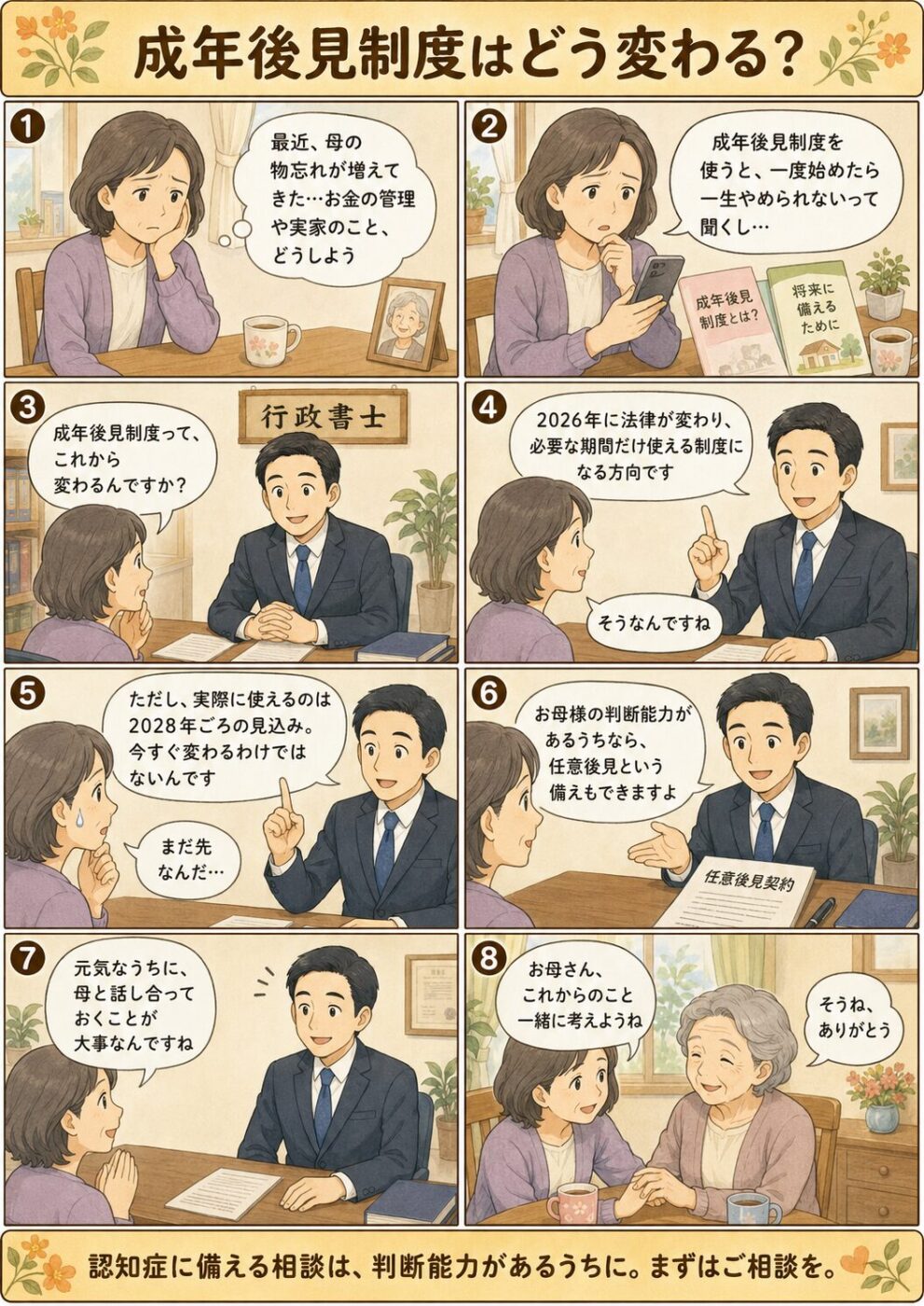 認知症になり始めた親を持つ娘が行政書士に相談し2026年の成年後見制度改正と任意後見の備えを知る流れを描いたイラスト
