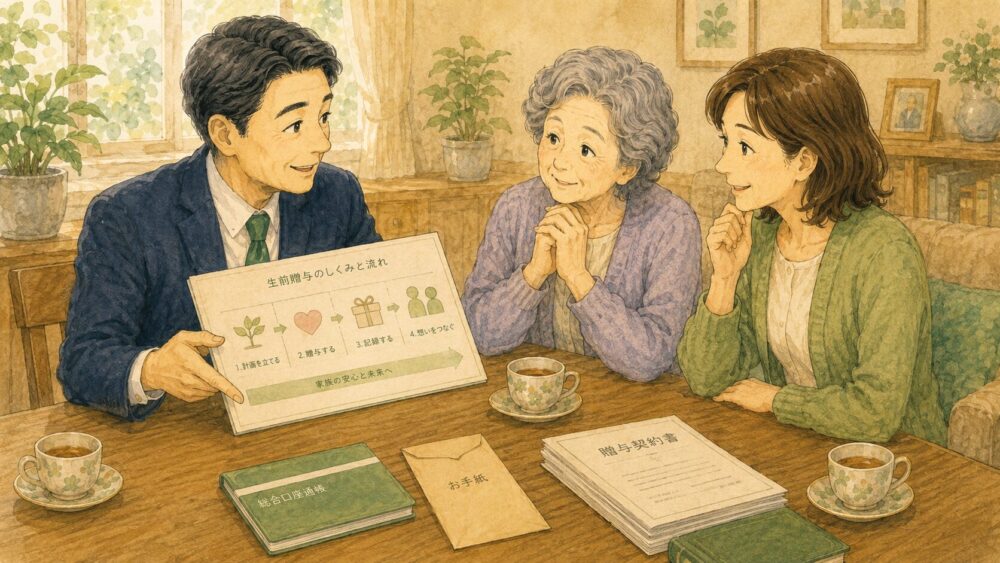 生前贈与のしくみを整理した資料を前に、行政書士が親子へやさしく案内する場面