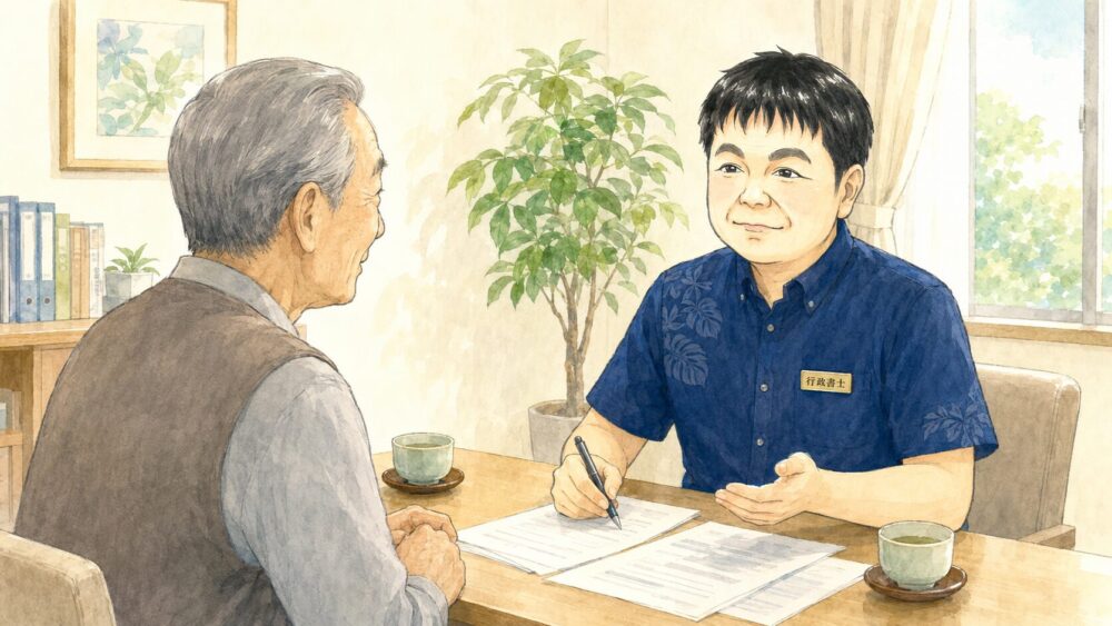 相談室で高齢の男性が行政書士と向かい合い、葬儀や納骨を託す契約について相談しているイラスト