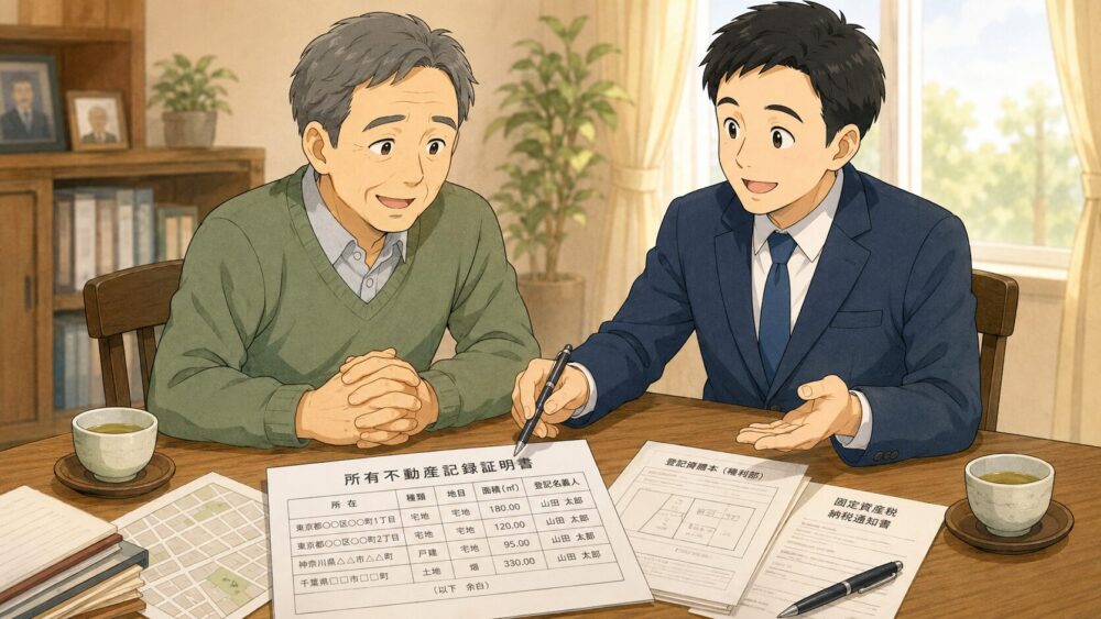 相続手続き中の男性が行政書士と所有不動産記録証明書の一覧を見ながら相談するイラスト