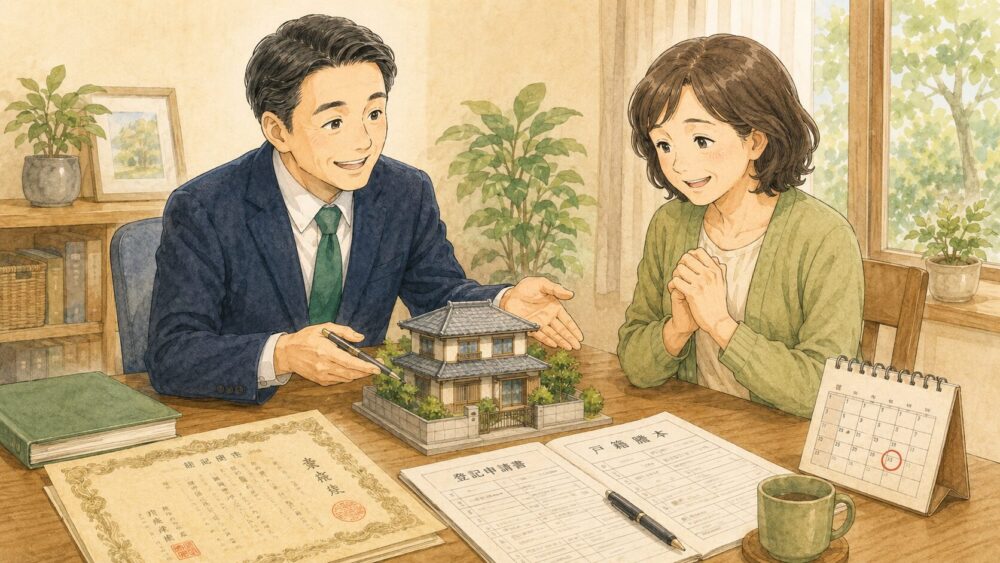 相続登記の義務化について、行政書士が住宅の模型を前に相談者へやさしく説明している場面