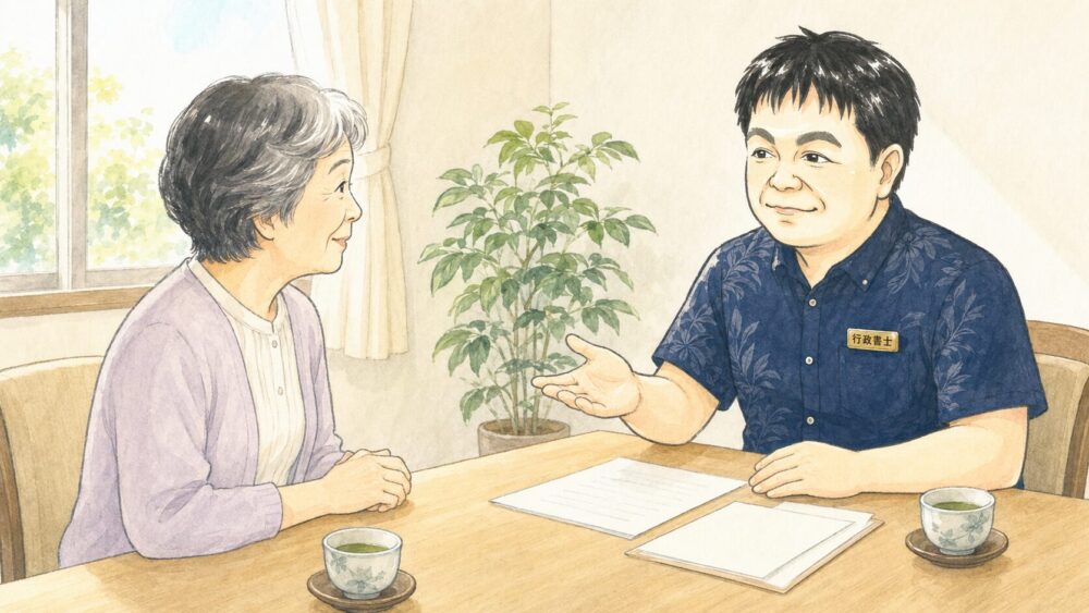 相談室で高齢の女性が行政書士と向かい合い、遺言書に書いた葬儀や納骨の希望について相談しているイラスト