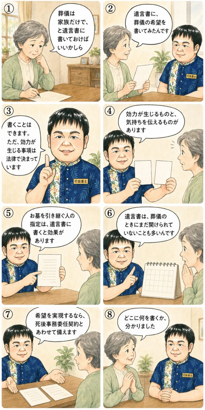 高齢の女性が、遺言書に葬儀や納骨の希望を書いた場合の効力、お墓を引き継ぐ人の指定、死後事務委任契約との使い分けについて行政書士から説明を受けている様子を描いたイラスト