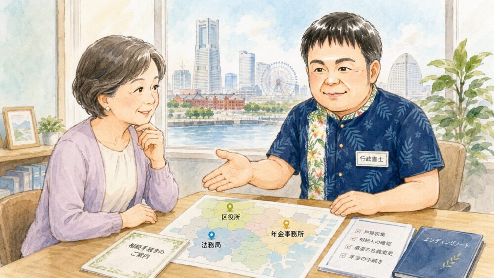 横浜市の地図を前に、相続手続きの窓口について行政書士に相談する高齢の女性を描いたイラスト
