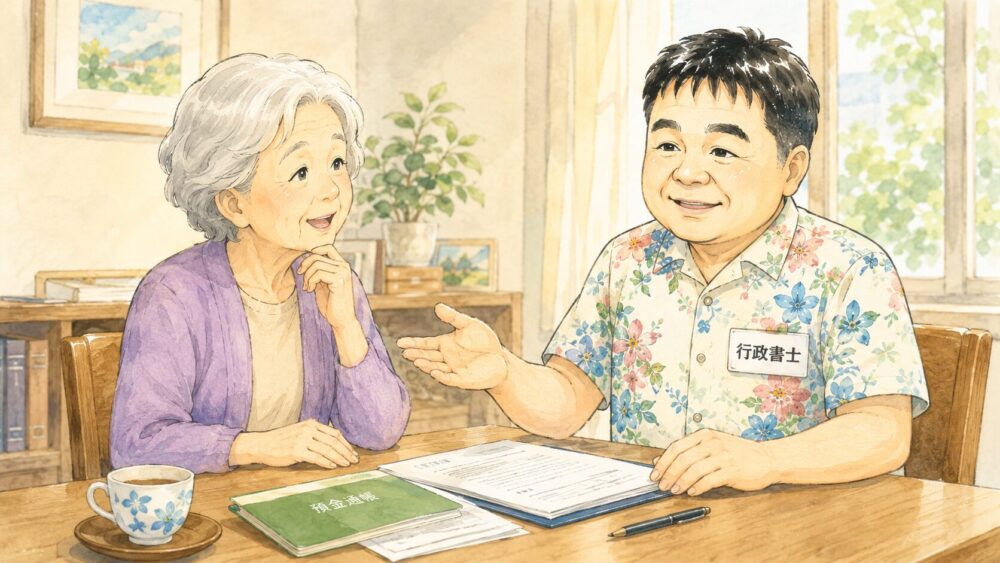 高齢の女性が、財産管理委任契約について通帳や契約書を前に行政書士へ相談しているイラスト