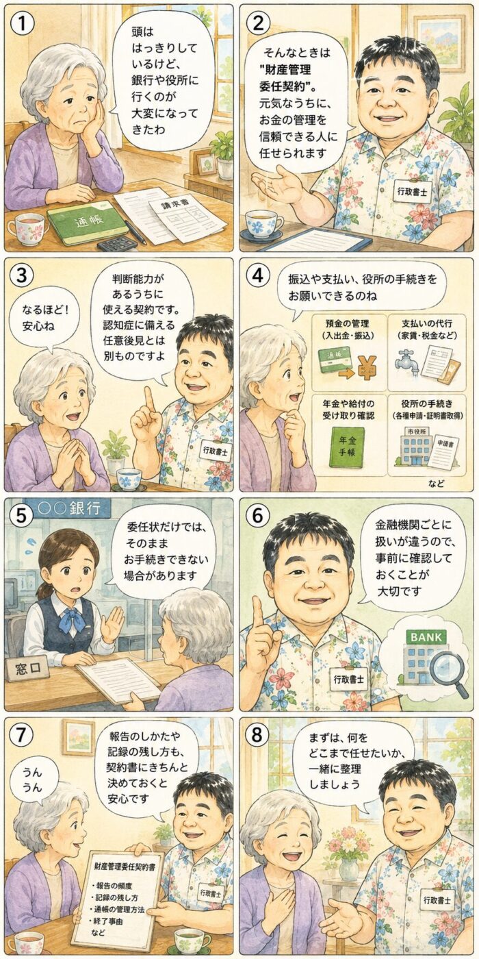 判断能力があるうちに財産管理委任契約で日常のお金の管理を託し、金融機関での注意点や契約書の作り込みを行政書士に相談する流れを描いたイラスト