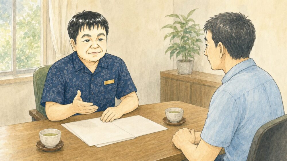 家族には照会や解約の権限が当然には生じないこと、郵便物や明細は本人と一緒に確認すること、話してもらえないときは地域包括支援センターへ相談できることについて、50代の息子が行政書士から説明を受けている様子を描いたイラスト