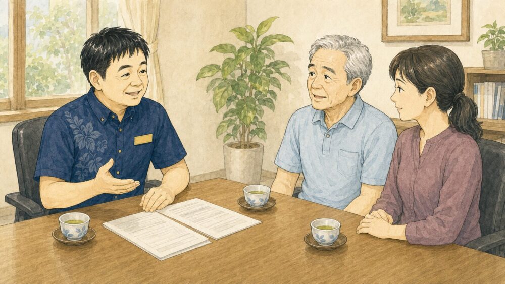 相談室で70代の男性と50代の女性が行政書士と向かい合い、高齢者が狙われやすい契約トラブルについて相談しているイラスト