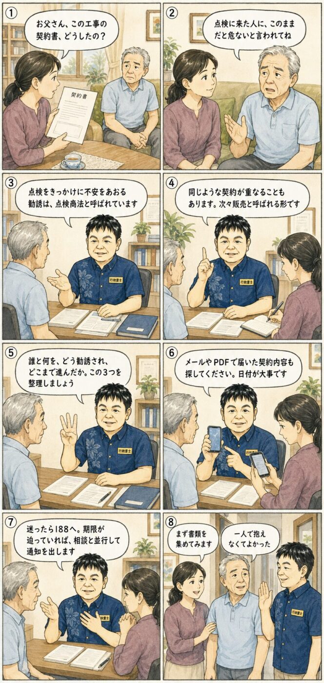 点検をきっかけとした勧誘や、契約が重なる次々販売、契約後にまず確認する3つのことについて、70代の父と50代の娘が行政書士から説明を受けている様子を描いたイラスト