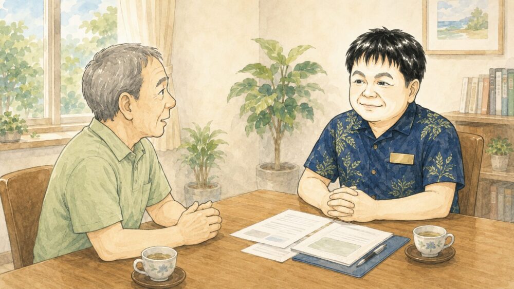 相談室で60代後半の男性が行政書士と向かい合い、高齢者の賃貸住宅への入居について相談しているイラスト