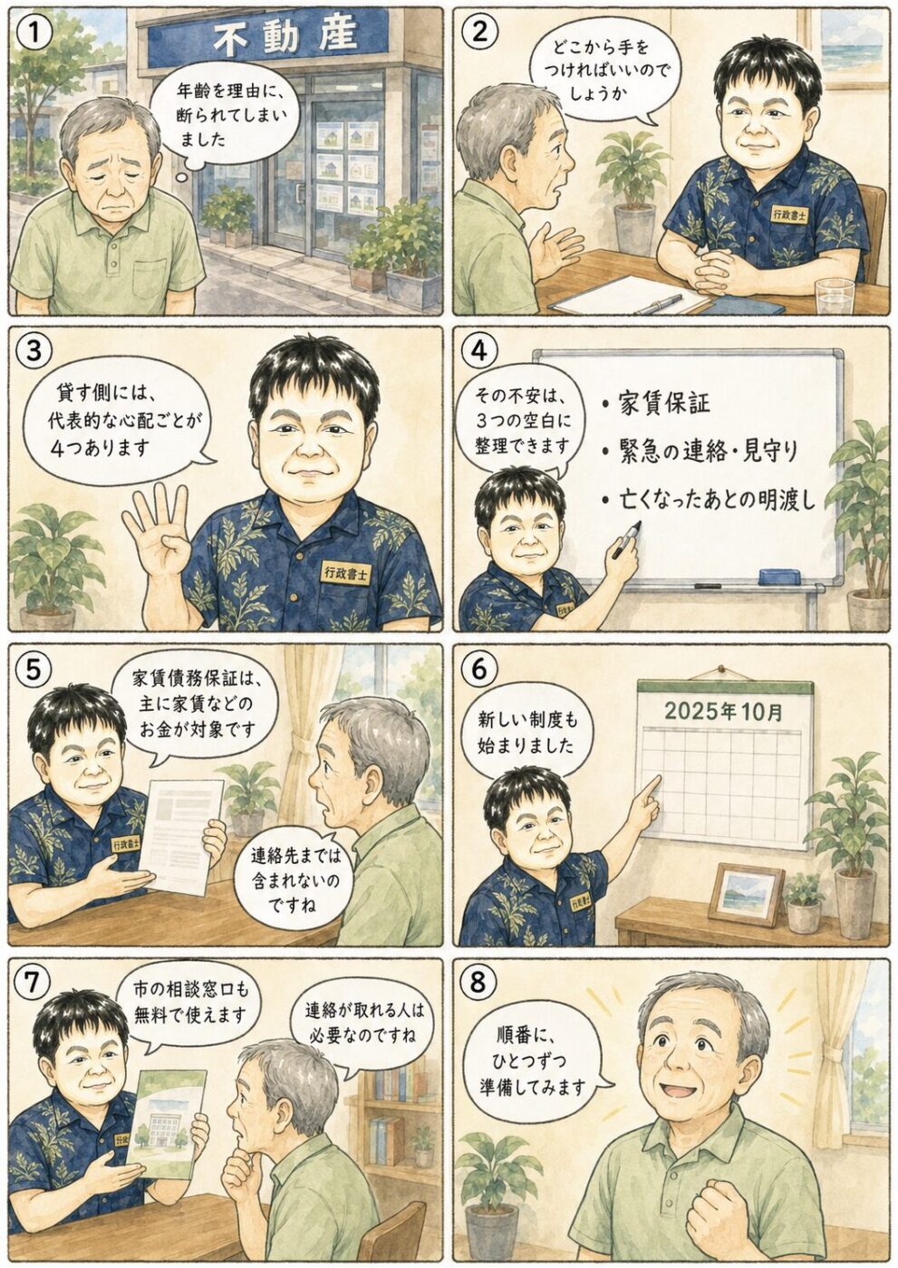 賃貸住宅の入居を断られた高齢の男性が、貸す側が抱える代表的な懸念と、家賃保証・緊急時の連絡・亡くなったあとの明渡しという3つの備え、2025年10月に始まった制度や市の相談窓口について行政書士から説明を受けている様子を描いたイラスト