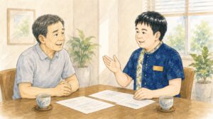 相談室で60代の男性が行政書士と向かい合い、外国籍の配偶者がいる場合の相続手続きについて相談しているイラスト