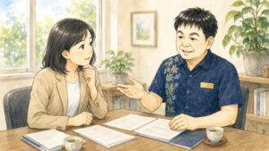 相談室で40代の女性が行政書士と向かい合い、外国籍の家族が亡くなったあとの相続手続きについて相談しているイラスト