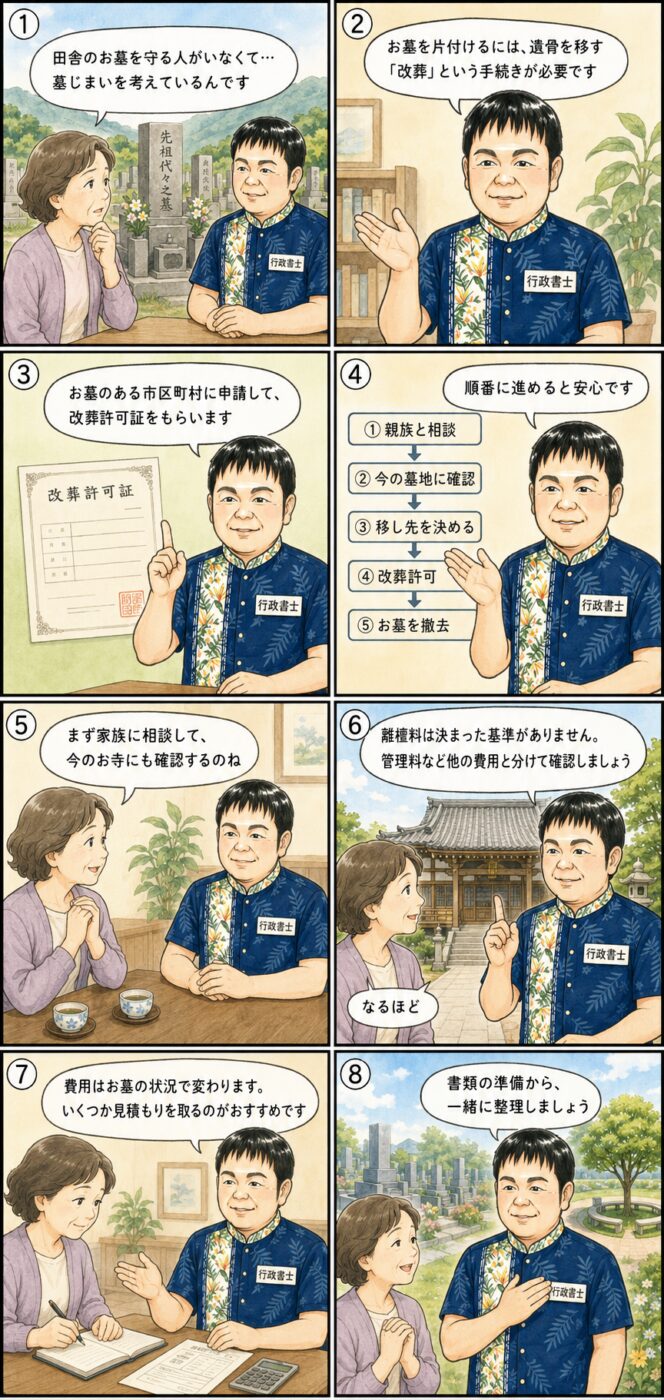 田舎の墓の墓じまいを考える女性が、改葬許可の手続きの流れ、離檀料の注意点、費用の見積もりについて行政書士から説明を受けている様子を描いたイラスト