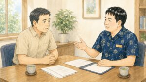 相談室で50代の男性が行政書士と向かい合い、亡くなった家族の部屋に残された物の扱いについて相談しているイラスト