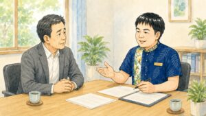 相談室で50代の大家が行政書士と向かい合い、高齢の入居者を受け入れる際の備えと、亡くなったあとの残置物の扱いについて相談しているイラスト