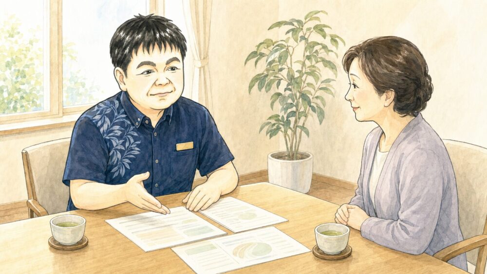 相談室で60代の女性が行政書士と向かい合い、認知症の親が結んだ契約について相談しているイラスト