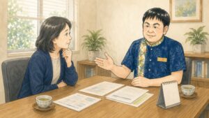 相談室で50代の女性が行政書士と向かい合い、海外に住む相続人がいる場合の遺産分割協議の進め方について相談しているイラスト