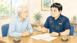 相談室で70代前半の男性が行政書士と向かい合い、亡くなったあとの賃貸住宅の解約と片付けを誰に頼めるかについて相談しているイラスト