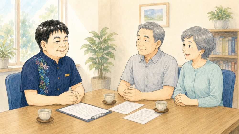 相談室で60代後半の夫婦が行政書士と向かい合い、高齢者向けの終身にわたる借家契約について相談しているイラスト
