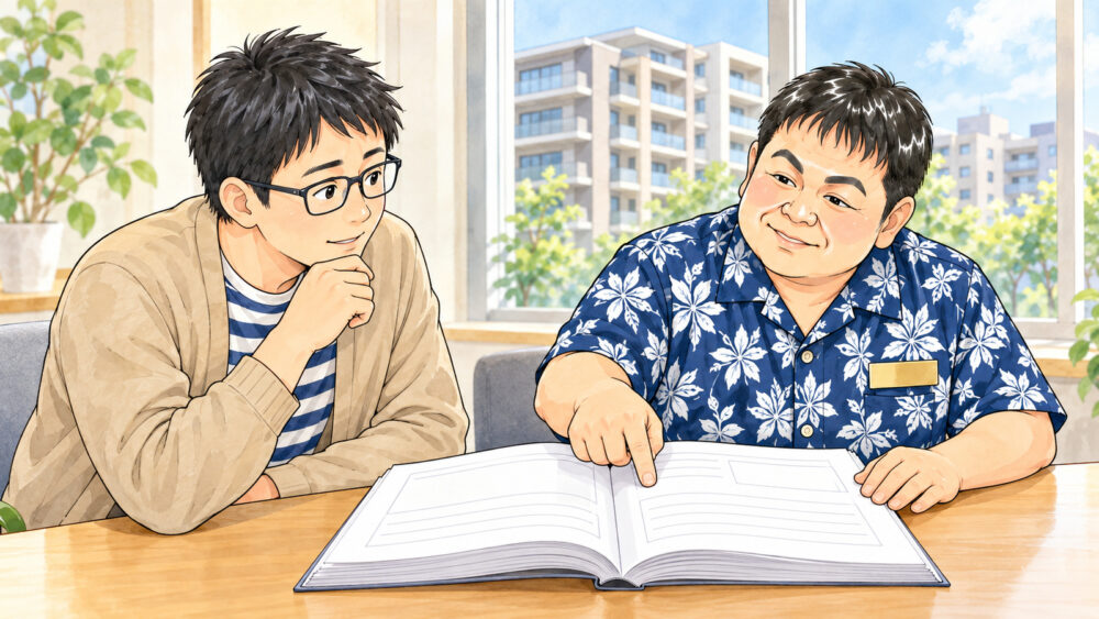 窓の外にマンションが見える相談室で、40代前半の男性と行政書士が管理規約の冊子を開いて確かめているイラスト