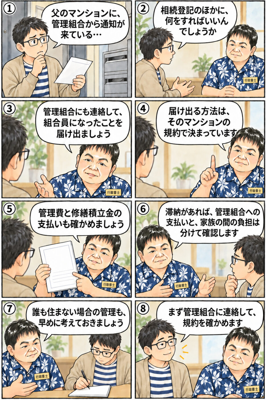 父を亡くして分譲マンションを相続した40代前半の男性が、管理組合に連絡して組合員になったことを届け出ること、届け出る方法はそのマンションの規約で決まっていること、管理費と修繕積立金の支払いを確かめること、滞納があれば管理組合への支払いと家族の間の負担を分けて確認することについて、行政書士から説明を受けている様子を描いたイラスト