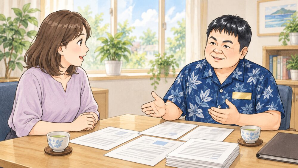 相談室で40代の女性が行政書士と向かい合い、戸籍の写しを前に相続分について相談しているイラスト