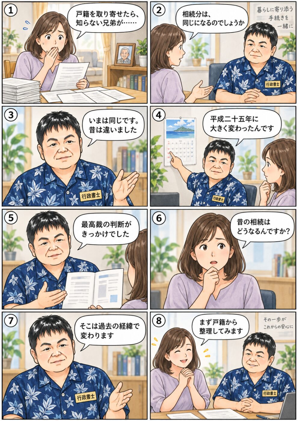 嫡出でない子の相続分がかつては2分の1とされていたこと、平成25年の最高裁の判断で変わったこと、過去の相続への影響は個別に確認が必要なことを、行政書士から説明を受けている様子を描いたイラスト