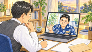 自宅の書斎で40代後半の男性がノートパソコンを使い、画面に映る行政書士に相続手続きの進め方を相談しているイラスト