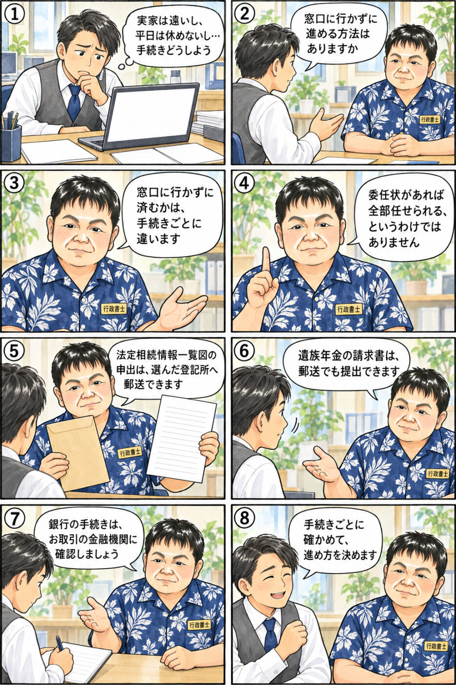 遠方の実家で親を亡くし平日に休みを取りにくい40代後半の会社員の男性が、窓口に行かずに済むかは手続きごとに違うこと、委任状で代理を頼めるかどうかも請求先によって違うこと、法定相続情報一覧図の申出や遺族年金の請求書は郵送できること、銀行の手続きは取引先の金融機関に確認することについて、行政書士から説明を受けている様子を描いたイラスト