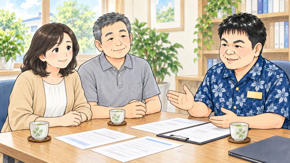 相談室で50代の女性とその兄が行政書士と向かい合い、実家の分け方について相談しているイラスト