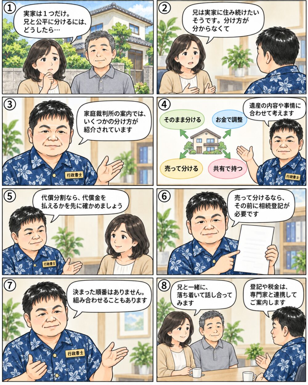 実家を兄と2人で相続した50代の女性が、現物分割・代償分割・換価分割などの分け方や、代償金を支払えるかの確認、売却前の相続登記について行政書士から説明を受けている様子を描いたイラスト