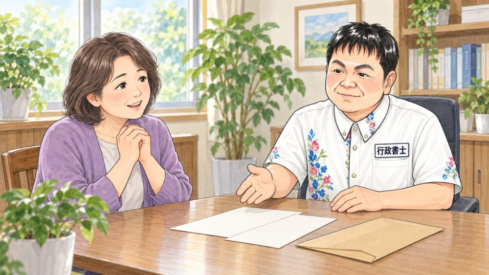 古い戸籍の確認の進め方を行政書士から聞いている女性のイラスト