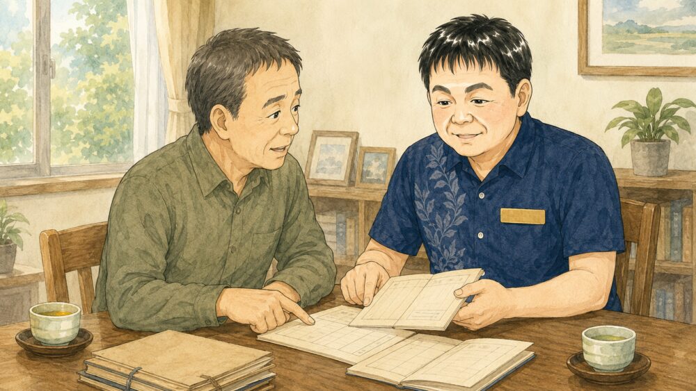 相談室で50代の男性が行政書士と向かい合い、テーブルに広げた古い戸籍の写しを見ながら相談しているイラスト