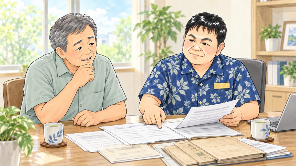 相談室で60代の男性が行政書士と向かい合い、戸籍の写しと登記の書類を前に古い相続の調べ方について相談しているイラスト