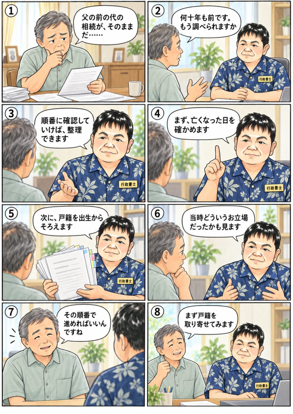 何十年も前の相続を調べるとき、まず亡くなった日を確認し、戸籍をたどって当時の身分関係や相続人を確かめていく順序を、行政書士から説明を受けている様子を描いたイラスト