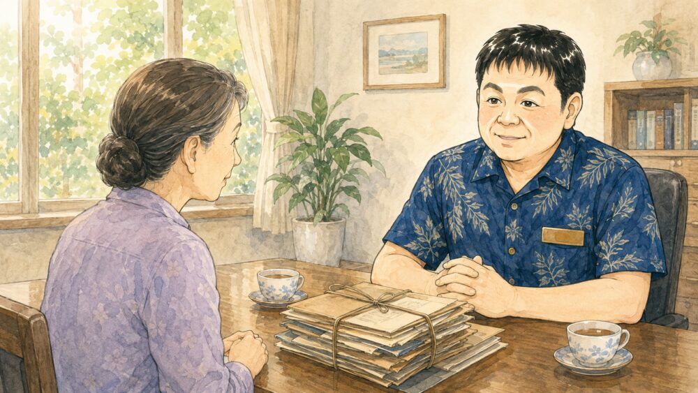 相談室で70代の女性が行政書士と向かい合い、何十年も前に亡くなった配偶者の相続について相談しているイラスト