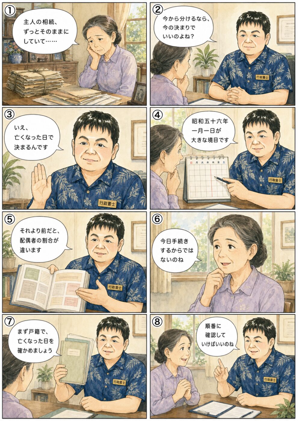 何十年も前に亡くなった配偶者の相続を整理するとき、亡くなった日によって確認する相続分が変わることを、行政書士から説明を受けている様子を描いたイラスト