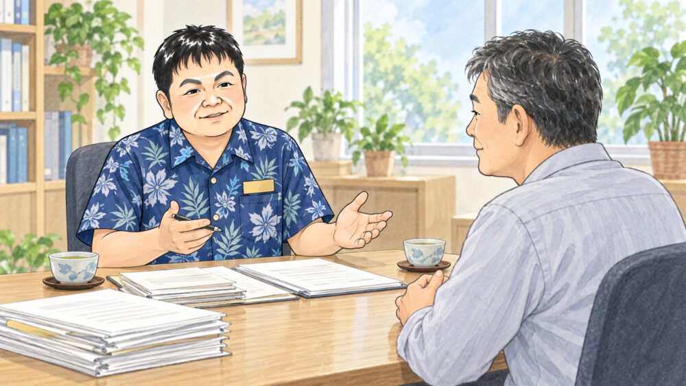 相談室で50代の男性が行政書士と向かい合い、限定承認を選ぶ前に確認することについて相談しているイラスト