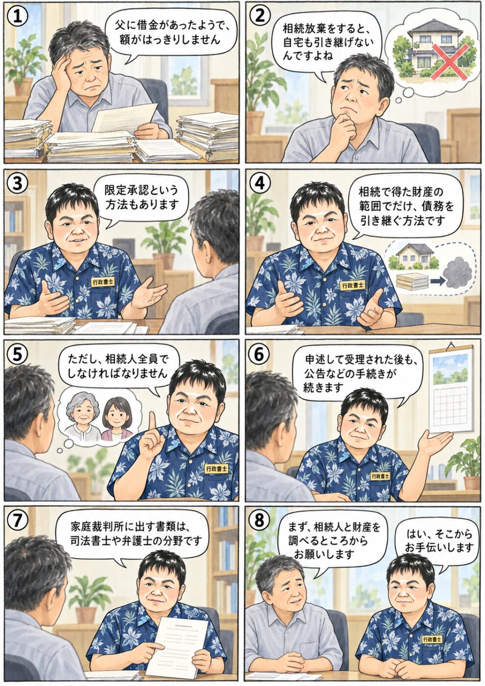 父の借金の額がはっきりしない50代の男性が、限定承認は相続人全員で申述する必要があることを行政書士から説明を受けている様子を描いたイラスト