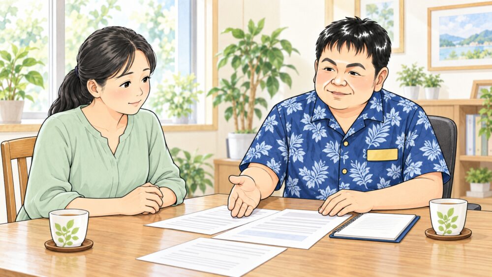 相談室で40代後半の女性が行政書士と向かい合い、家族の保佐と仕事への影響について相談しているイラスト