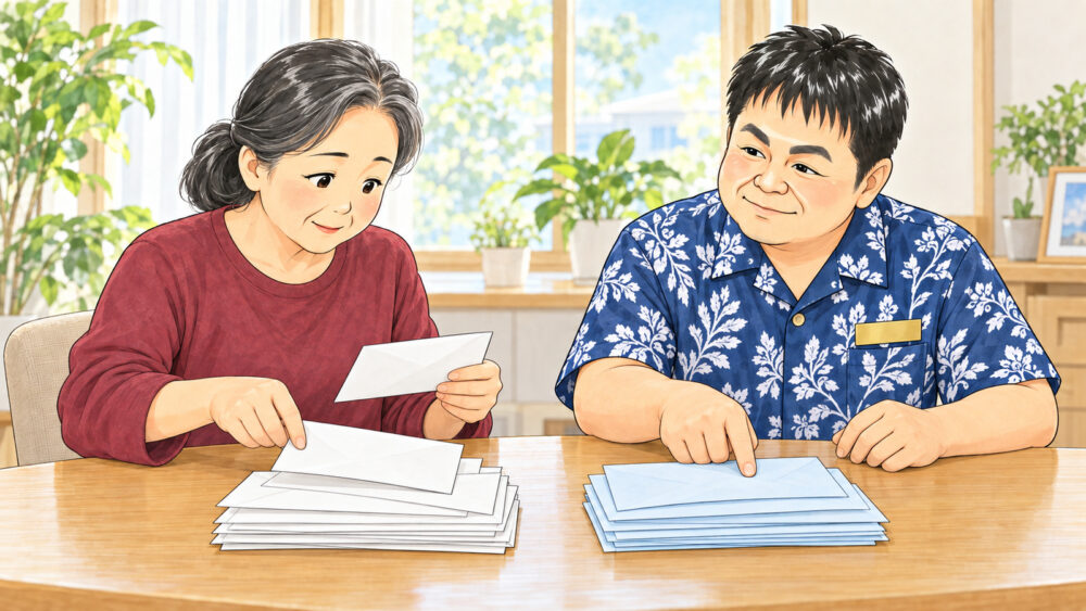 相談室で50代後半の女性が届いた封筒を2つに仕分け、行政書士が片方の封筒を指で示しながら説明しているイラスト