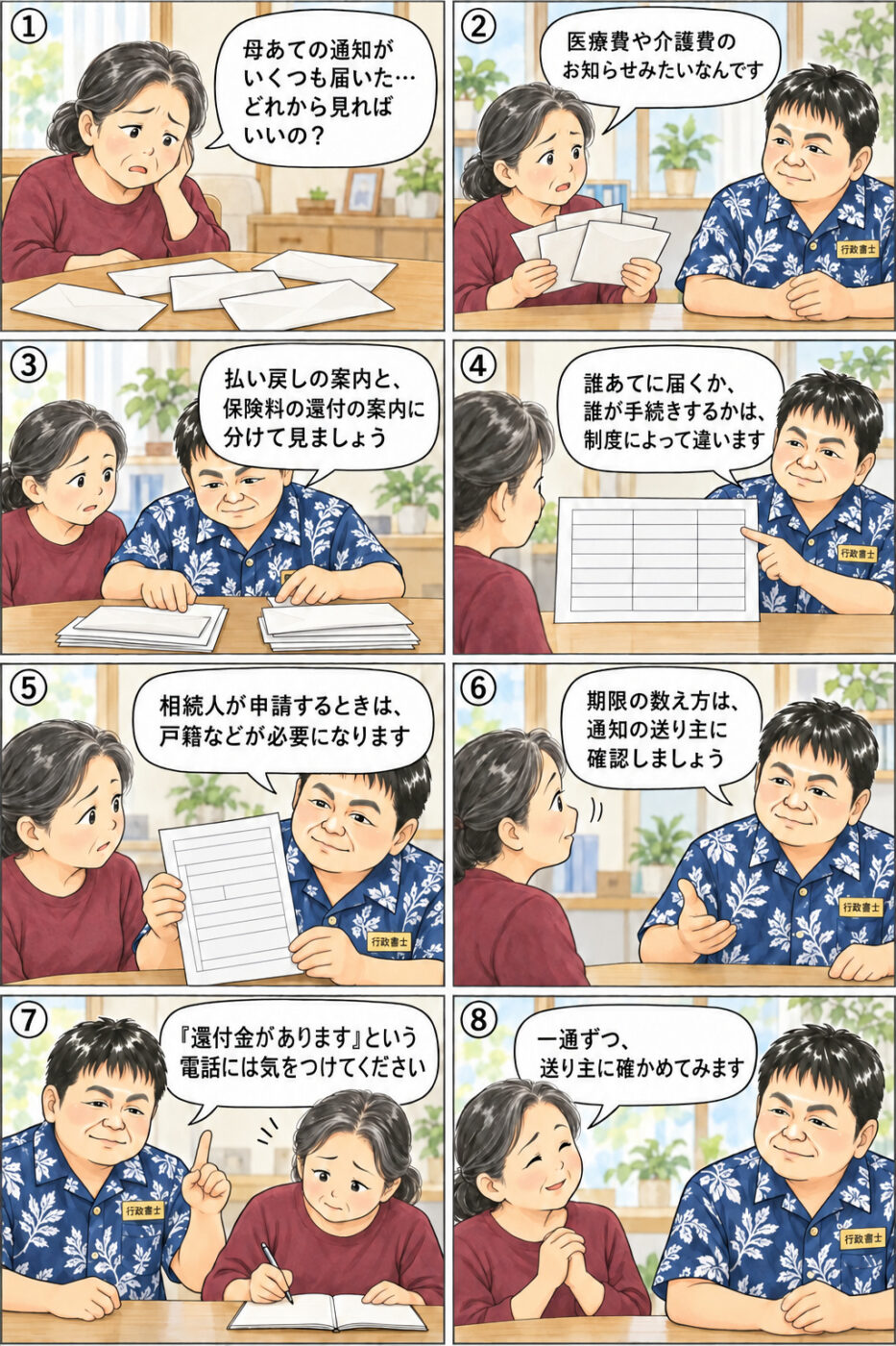 母を亡くした50代後半の女性が、届いた通知を払い戻しの案内と保険料の還付の案内に分けて見ること、誰あてに届くかや誰が手続きするかは制度によって違うこと、相続人が申請するときは戸籍などが必要になること、期限の数え方は通知の送り主に確認すること、還付金をかたる電話に気をつけることについて、行政書士から説明を受けている様子を描いたイラスト