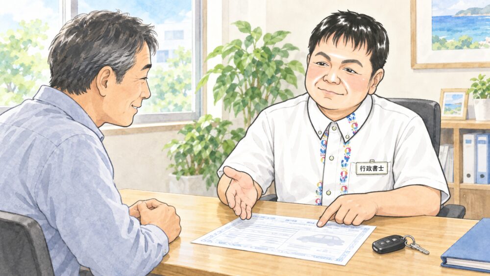 車検証を前に自動車の名義変更の進め方を行政書士から聞いている男性のイラスト